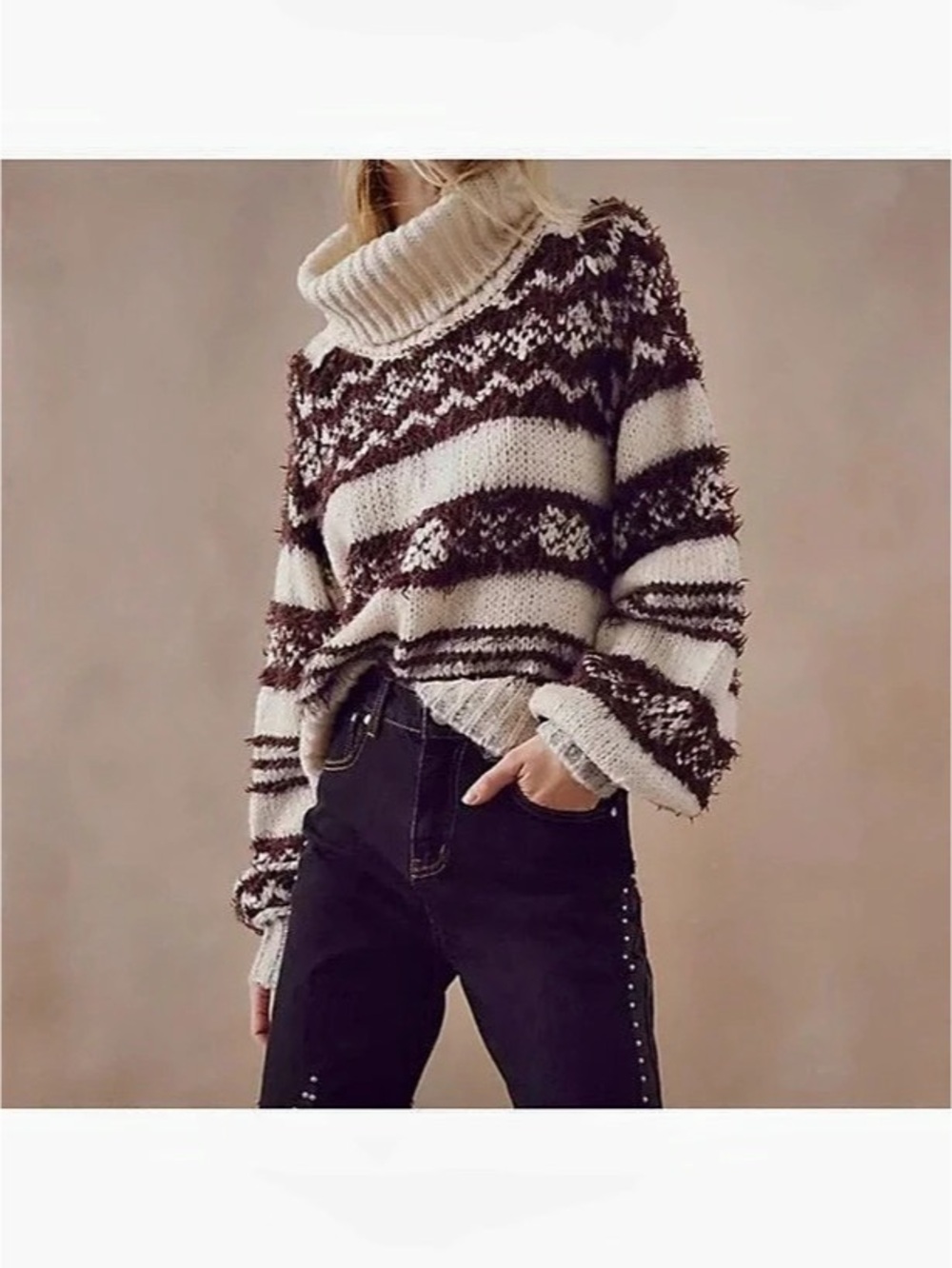 Free People Check Me Out Pullover Fair Isle Turtleneck Sweater Oversized Fuzzy L